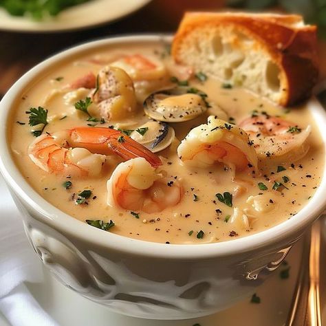 Creamy Seafood Symphony Bisque - Easy DIY Recipes Creamy Seafood Bisque Recipe, Seafood Bisque Recipe, Bisque Soup Recipes, Creamy Seafood, Seafood Dish Recipes, Cooked Shrimp, Seafood Bisque, Bisque Recipe, Seafood Chowder