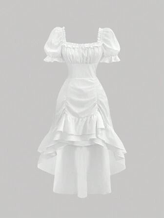 Free Returns ✓ Free Shipping✓. SHEIN MOD Plus Size White Vintage Square-Neck Puff Sleeve Asymmetrical Hem Long Dress For Teenage Girls- Plus Size Dresses at SHEIN. Mod Women, Graduation White Dress, Easy Dress Sewing Patterns, Puffy Dresses, Modest Dresses Casual, Vestido Plus Size, Vestidos Vintage, Floral Jacquard, Fashion Design Clothes