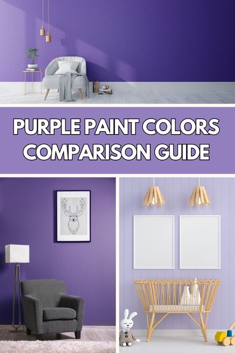 Purple paint colors compared: Paint colors for bedrooms, living rooms, and bathrooms. Sherwin Williams, Benjamin Moore paint colors. Dark purple, light purple, coordinating colors and more! Benjamin Moore Paint Colors Dark, Purple Painted Room, Lavender Wall Color, Purple Paint Colors Bedroom, Violet Paint Colors, Lavender Paint Colors, Colors For Bedrooms, Lavender Walls, Purple Paint Colors