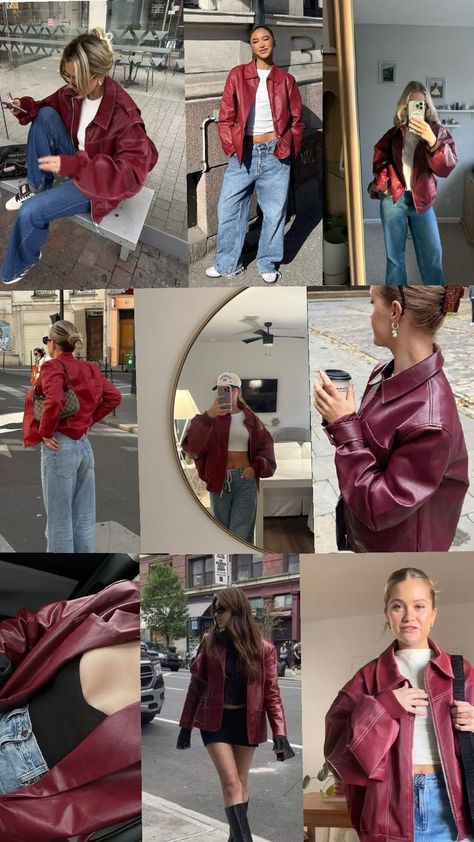 Cherry Jacket, Cherry Red Outfit, Red Jacket Outfit, Winter Outfits Aesthetic, Jacket Outfit, Fall Fits, Red Outfit, Cute Everyday Outfits, Cherry Red