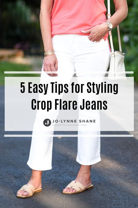 5 Easy Tips for Styling Crop Flare Jeans: How to wear kick flares for summer | Fashion for Women Over 40 White Crop Flare Jeans Outfit, How To Crop Flare Jeans, Kick Crop Jeans Outfit Summer, White Kick Flare Jeans Outfit, White Kick Crop Jeans Outfit, How To Wear Cropped Flare Jeans, Flare Ankle Jeans Outfit, Kick Jeans Outfits, Cropped Kick Flare Jeans Outfit