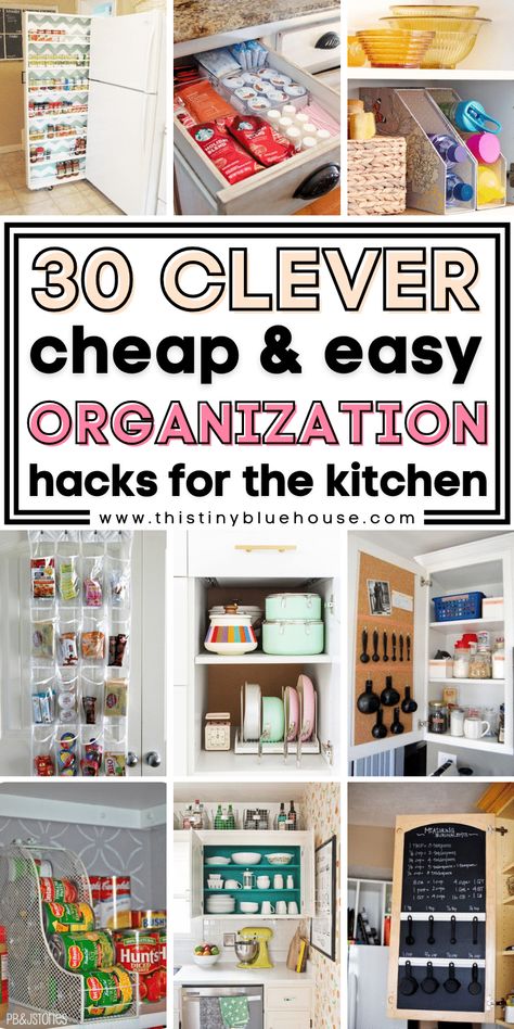 Here are 30 super cheap and easy ways to organize and declutter a small kitchen. These super simple organization hacks are are great organization hacks to help save space in small kitchen spaces. Small Kitchen Tips And Tricks, Cheap Ways To Organize House, Diy Kitchen Organization, Small Kitchen Diy, Refrigerator Makeover, Organizing Inspiration, Kitchen Organization Hacks, Tiny Pantry, Tupperware Organizing