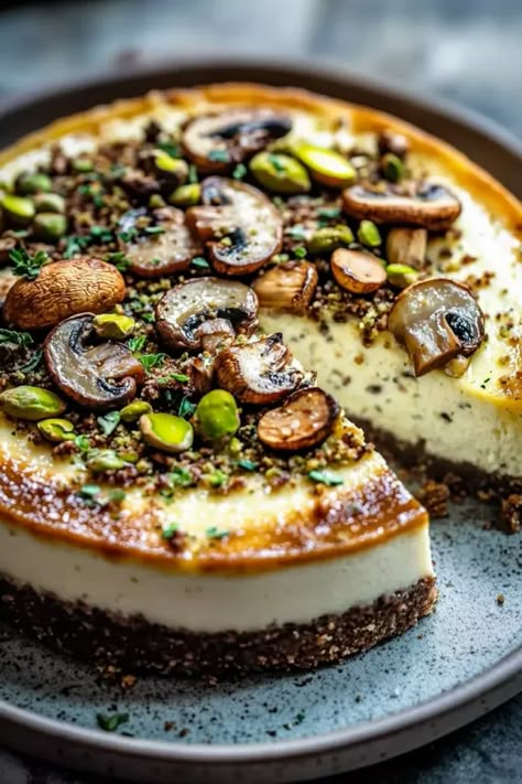 Pistachio Mushroom savory cheesecake with feta & parmesan crust. Main Dishes With Vegetables, Savoury Cake Ideas, Wedding Courses Food, Dinner Ideas Gourmet, Vegetarian Dishes For Christmas, Rustic Dinner Recipes, Savory Pistachio Recipes, Brunch Main Dish Ideas, Vegetarian Christmas Recipes Main Dishes