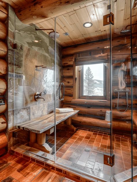 Log Cabin Bathrooms: Elegant Glass Shower Enclosure and Hardwood Floors Gray Zellige Tile, Log Cabin Bathroom Ideas, Log Cabin Bathrooms, Log Cabin Bathroom, Reclaimed Wood Vanity, Cabin Bathroom, Cabin Bathrooms, Glass Shower Enclosures, Wallpaper Walls Decor