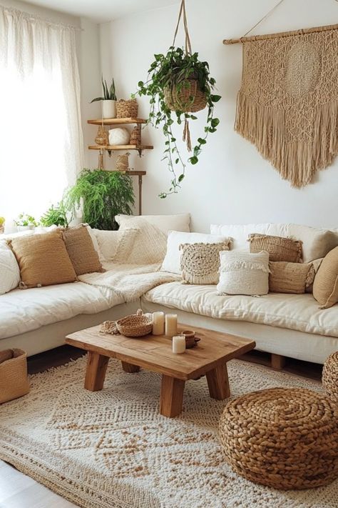 Create a neutral boho living room with cozy textures, soft colors, and natural decor. #BohoDecor #NeutralInteriors #CozyLivingRoom Natural Decor Aesthetic, Soft Aesthetic Apartment, Living Room Boho Decor Ideas, Nature Living Room Ideas, Boho Theme Home Decor, Natural Chic Living Room, Pine Furniture Living Room, Natural Color Living Room Ideas, Subtle Boho Living Room