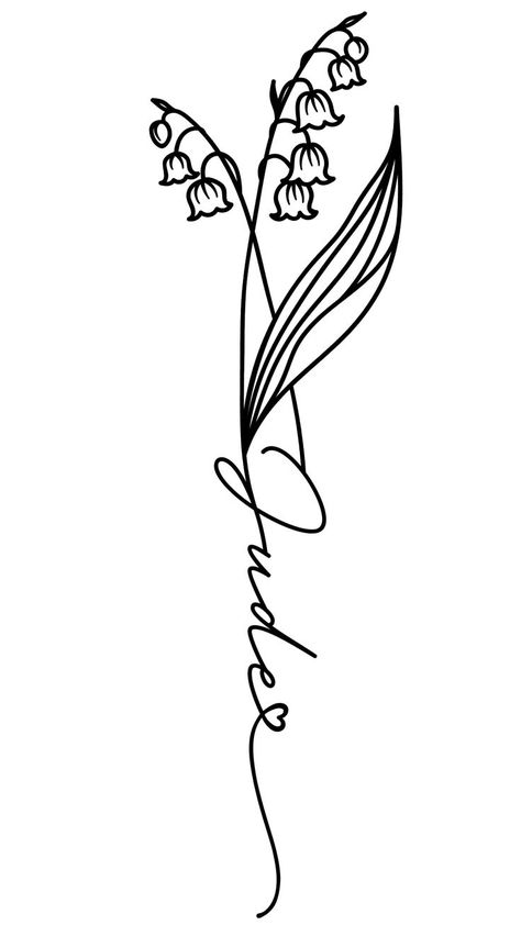 Birth Flower Name Tattoo, Tattoo Design Minimal, Flower Name Tattoo, Tattoo Birth Flower, Flower Calligraphy, Lily Of The Valley Tattoo, Valley Tattoo, Tattoo Design Name, Name Flower