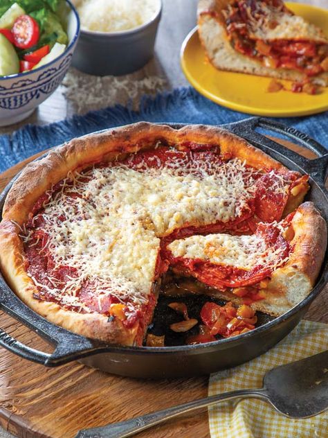 Deep-Dish Pizza Deep Dish Pizza Aesthetic, Deepdishpizza Recipe, Fresh Pizza Dough, Deep Dish Pizza Recipe, Fresh Pizza, Beef Pot Pies, Pizza Ingredients, Favorite Cookbooks, Deep Dish Pizza