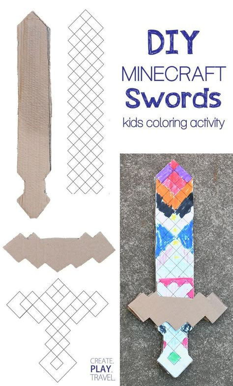 DIY Minecraft swords are a fun kids birthday party idea! Plan a themed Minecraft party with a DIY swords coloring activity, sheep & grass inspired snacks, redstone party food and a creeper pinata! Learn how to make Minecraft swords out of cardboard and glue on the sword pattern that kids can color. Kids will love these easy kids Minecraft party ideas! Learn how to plan a creative Minecraft birthday party. Minecraft Birthday Party Activities, Mindcraft Party Ideas Diy, Minecraft Activities For Kids, Minecraft Snacks, Minecraft Shield, Creeper Pinata, Minecraft Party Activities, Minecraft Themed Birthday Party, Minecraft Party Ideas