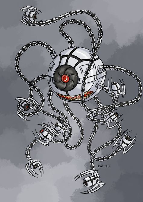 A unique robotic aberration I drew on commission! More fantasy art, NPCs, awesome homebrew, and other cool stuff: https://www.patreon.com/Catilus Character: Beholder Mk 1, Robotic Beholder Robotic Monster Art, Robot Skeleton, Fantasy Robot, D&d Online, Robot Monster, Sf Art, Interactive Art, Creating Characters, Robots Concept