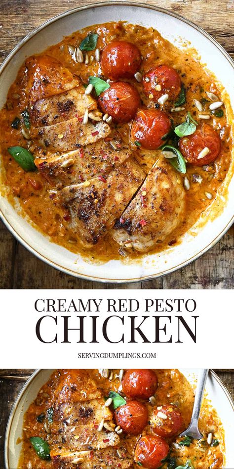 Red Pesto Chicken, Chicken With Cherry Tomatoes, Carnivore Dinner, Serving Dumplings, Mother Clucker, Vegetable Meals, Chicken Pesto Recipes, Red Pesto, Pesto Pasta Recipes