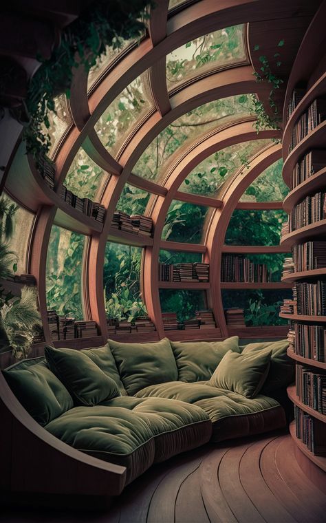 Cool House Libraries, Glass Reading Room, Secret Home Library, Coolest Rooms Ever, Solar Punk Room, Astronomy House, Nature House Aesthetic, Unique House Features, Hidden Room Ideas