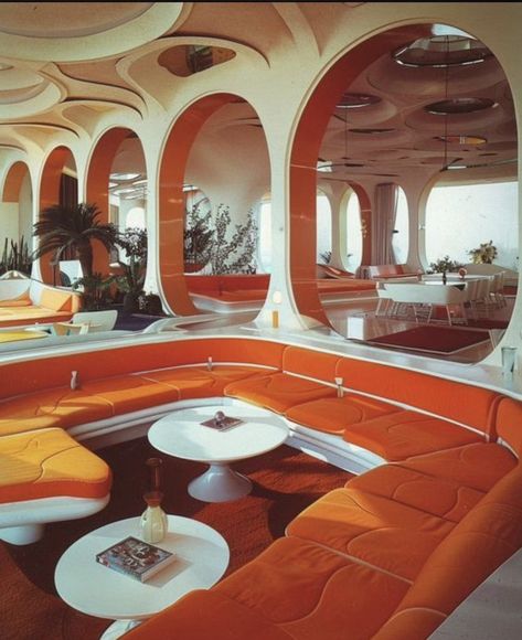 70s Futurism, Retro Futurism Interior, Space Age Interior, Futurism Architecture, Retro Futuristic Interior, 60s Interior, Googie Architecture, Conversation Pit, 70s Interior