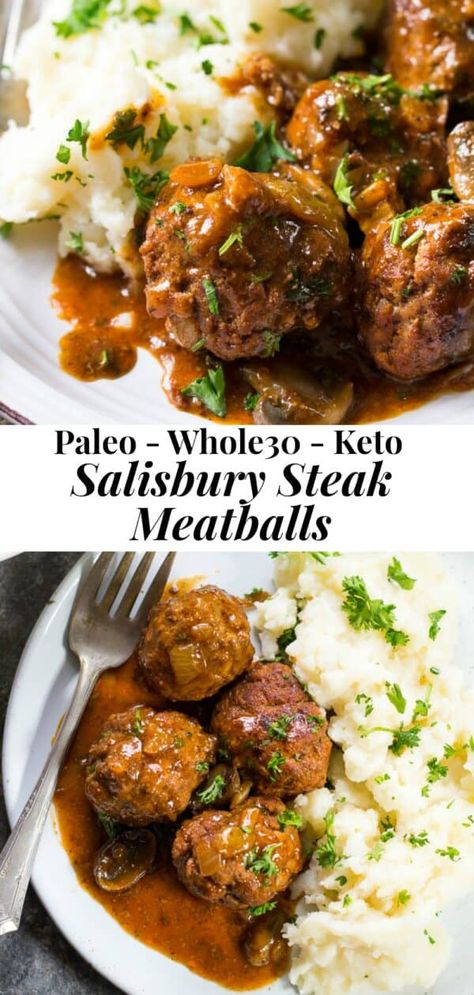 Paleo Salisbury Steak, Meatballs Paleo, Salisbury Steak Meatballs, Whole30 Dinner Recipes, Easy Whole 30 Recipes, Whole30 Dinners, Paleo Beef, Salisbury Steak, Recipe 30