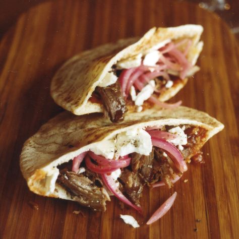 Lamb Pita Pockets with Tomato-Ginger Compote | Food & Wine Lamb Pita Pockets, Lamb Pita, Vegetarian Roast, Slow Roast Lamb, Pickled Onion, Pita Recipes, Pita Bread Recipe, Compote Recipe, Pita Pockets