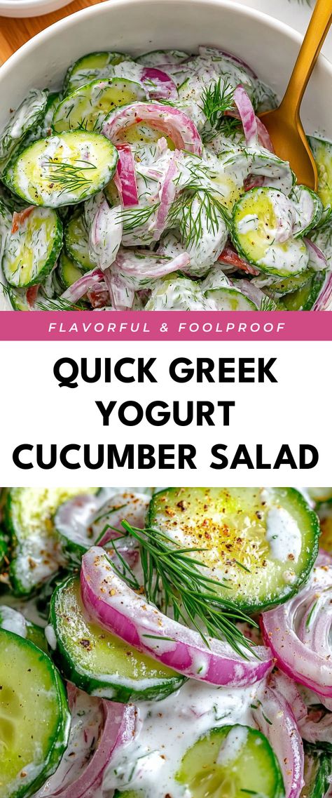 Image for Quick Greek Yogurt Cucumber Salad Greek Yogurt Cucumber Salad, Greek Yogurt Marinade, Greek Yogurt Recipes Healthy, Greek Side Dishes, Best Greek Yogurt, Greek Cucumber Salad, Cucumber Dill Salad, Greek Yogurt Dressing, Zesty Salad