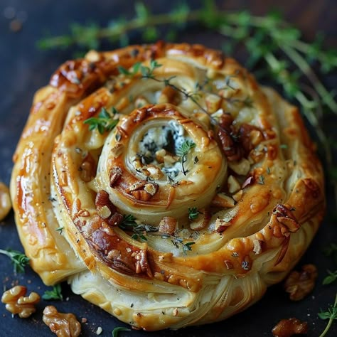 Delight your guests with our “Blue Cheese, Walnut, and Thyme Pull-Apart Puff Pastry Twirl” recipe. This savory treat features layers of flaky puff pastry filled with creamy blue cheese, crunchy walnuts, and fragrant thym... Blue Cheese Pie, Blue Cheese Walnut Thyme Pull Apart, Blue Cheese Dishes, Puff Pastry Thanksgiving Recipes, Puff Pastry Recipes Christmas, Pull Apart Puff Pastry, Recipes With Blue Cheese, Blue Cheese Puff Pastry, Savory Puff Pastry Recipes