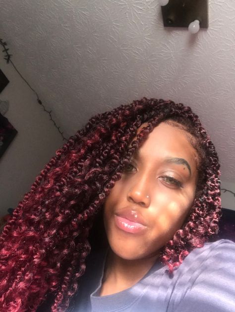 Goddess-Passion Twists Maroon Passion Twist, Red Mini Passion Twist, Burgundy Passion Twists Black Women, Red Ombre Passion Twists, Burgundy Passion Twists, Passion Twists With Color, Micro Passion Twists, Goddess Passion Twists, Cruise Hairstyles