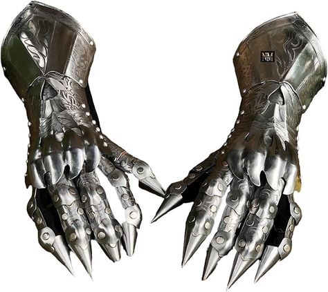 Made from 18-gauge steel, these polished gauntlets come as a pair. These gauntlets exemplify the jewelry-like quality of early plate armors, which embody the technical and artistic repertoire of their craftsmen and the exuberant taste and wealth of the patrons who commissioned and wore them. Fantasy Gauntlets, Crusader Armor, Knight Gauntlet, Organic Armor, Gauntlet Gloves, Leather Armor, Medieval Knight, Fantasy Armor, Gaming Gifts