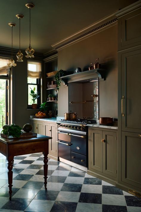 The Riverside Apartment, Barnes | deVOL Kitchens Classic English Kitchen, Pink Dining Rooms, Riverside Apartment, Checkerboard Floor, Devol Kitchens, English Kitchens, Hollywood Homes, Green Cabinets, Chic Kitchen