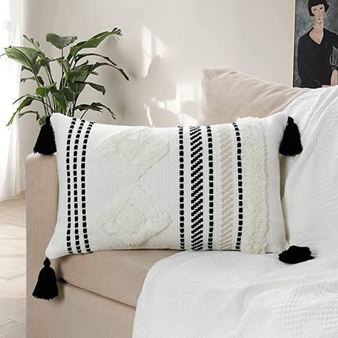 Dremisland Tufted Boho Throw Pillow Covers - Woven Bohemian Pillow Cases, Accent Pillows for Bed, Modern Tribal Textured Decorative Square Cushion Cover ONLY (White Diamond, 20"X12") Pillows For Bed, Cover For Bed, Cover For Couch, Woven Pillow Cover, Sleeping Cots, Boho Throw Pillow, Square Cushion Cover, Foldable Bed, Woven Pillow