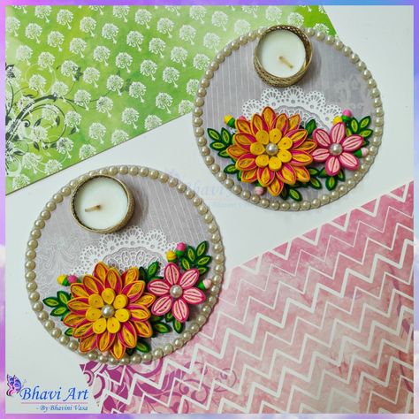 Quilling Diyas Diwali, Quilling Tealight Holder, Quilled Candle Holders, Diya Candle, Quilling Candle Holder, Cd Crafts Diy, Diya Designs, Diy Quilling Crafts, Diwali Design