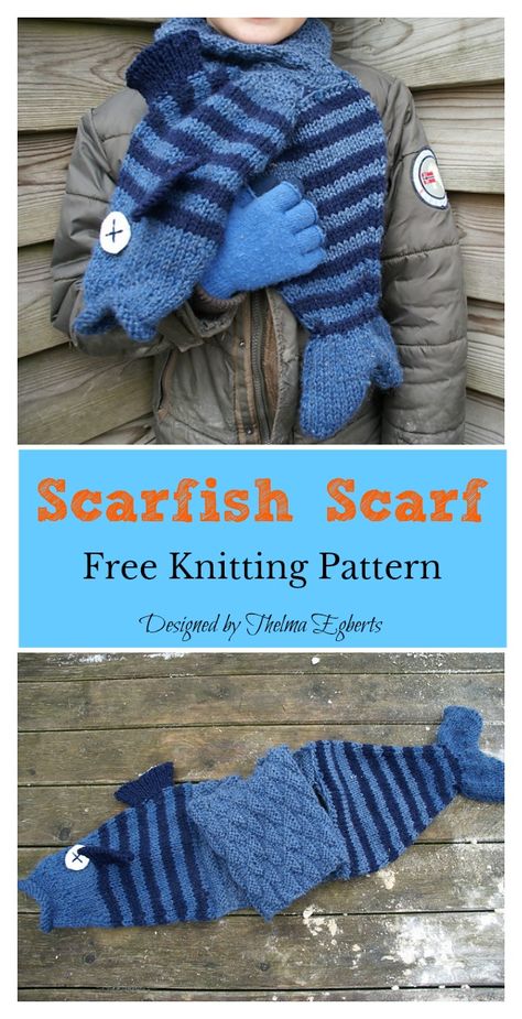 Scarfish Scarf Free Knitting Pattern #freeknittingpattern #scarf Animal Scarf Knitting Pattern, Cute Knitted Scarf, One Skein Knit Scarf, Knitting Inspo Easy, Shark Knitting Pattern Free, Cute Knit Scarf, Free Knitting Patterns Hats, Funky Knitting Patterns, Illusion Knitting Patterns Free