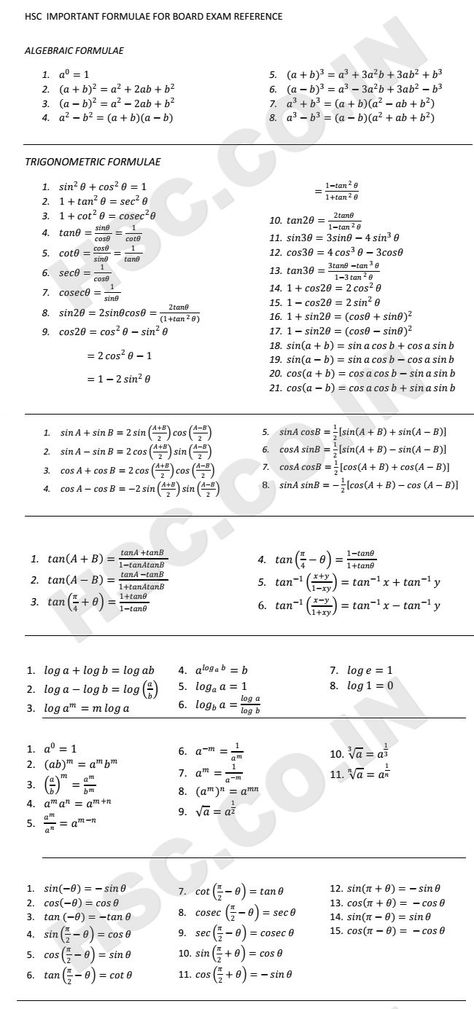 HSC BOARD – IMPORTANT FORMULAS – HSC – Higher Secondary Education Website Maths Algebra Formulas, Math Formula Sheet, Maths Formulas, Math Formula Chart, Algebra Formulas, Formula Chart, Math Websites, Physics Formulas, Learning Mathematics