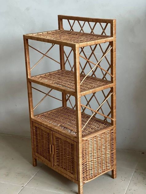 Wicker Bookshelf, Bookshelf With Doors, Natural Shelves, Rattan Shelf, Shelf Cabinet, Wicker Shelf, Plant Shelf, Natural Weave, Bamboo Furniture