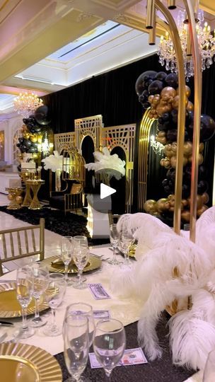 2.8K views · 1.2K reactions | Transform Your Event with a Great Gatsby Theme  For a truly glamorous Great Gatsby-themed event, we incorporated stunning elements that transported guests back to the Roaring Twenties. Our design featured gold acrylic-based arches with an intricate design that mimicked the look of iron. We added two elegant side chandeliers and a luxurious velvet caged throne chair to elevate the ambiance.  To further enhance the focal point, we used gold pedestals and an abundance of ostrich feathers, creating a dramatic and glamorous effect.   For the centerpieces, we showcased our magnificent 5-foot tall candelabras with ostrich feather bases and mixed them with our embedded crystal centerpieces topped with voluminous ostrich feathers.  The attention to detail was key, with Gatsby Party Food, Gatsby Event, Ostrich Feather Centerpieces, Gatsby Wedding Theme, Great Gatsby Theme, Feather Centerpieces, Crystal Centerpieces, Gatsby Theme, The Roaring Twenties