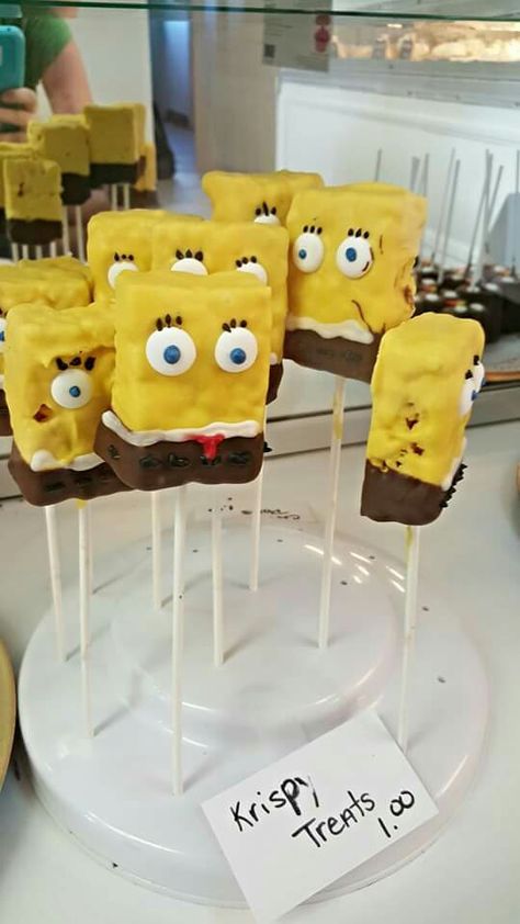 Sponge bob rice crispy treats Spongebob Rice Crispy Treats, Spongebob Chocolate, Spongebob Party, Spongebob Birthday, Plantas Vs Zombies, Rice Crispy Treats, Sponge Bob, Celebrity Look Alike, Crispy Treats