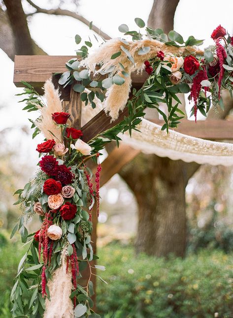 Boho Chic Inspired Outdoor Lakeland Florida Wedding Ceremony Decor, Wooden Arch with Red, Ivory, Pink and Greenery Organic Floral Decor and Ceremony Table Pergola Wedding Decorations, Winter Wedding Arch, Photo Arch, Contemporary Backyard, Wedding Chuppah, Diy Backyard Wedding, Red Wedding Decorations, Bouquet Photo, Grass Wedding