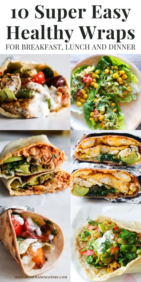 10 easy and healthy wrap recipes that you'll want to eat for breakfast, lunch or dinner! This collection includes a delicious breakfast burrito, Mediterranean wraps, vegan and vegetarian wraps, chicken and fish wraps, lettuce wraps and more! Mediterranean Wraps, Fish Wraps, Healthy Wrap Recipes, Wraps Chicken, Healthy Wrap, Wraps Vegan, Healthy Breakfast Burrito, Wraps Recipes Easy, Vegetarian Wraps