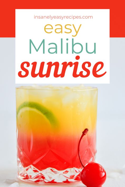 Malibu Sunrise Cocktail, Malibu Sunrise Recipe, Drinks To Make With Malibu, Fruity Summer Drinks, Malibu Sunrise, Easy Fall Dinner Recipes, Malibu Rum Drinks, Malibu Cocktails, Rum Drinks Recipes