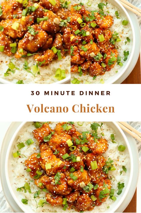 Delicious Meals Dinners, Asian Inspired Chicken Recipes, Exotic Dinner Recipes, Volcano Chicken Recipe, Fall Healthy Dinner Recipes, How To Make Volcano, Volcano Chicken, Sweet And Savory Chicken, Chicken Entrees