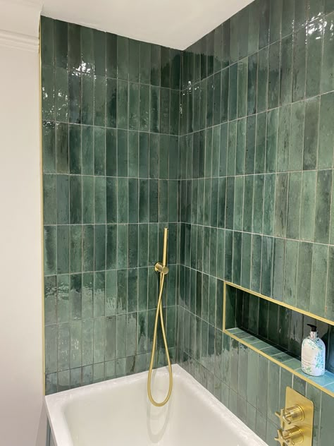 Green Subway Tile Bathroom Tub, Marble Green Bathroom, Feature Tiles Bathroom, Green Floor Tile Bathroom, Deep Green Bathroom, Wall Cabinets Bathroom, Grey Grout Bathroom, Bathroom Wall Board, Black Bathroom Wall