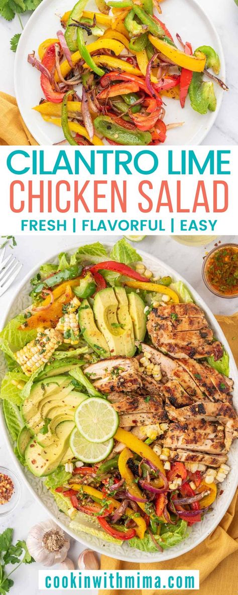 This Cilantro Lime Chicken Salad is fresh and delicious! There’s juicy grilled chicken with corn, sauteed peppers, onions, and avocado that give this salad a great variety of textures. It’s also made with a citrusy dressing that we also use as a marinade and it gives this salad a wonderful burst of flavor! Grilled Chicken Salad Dressing, Salads With Cilantro, Cilantro Chicken Salad, Cilantro Lime Chicken Salad, Lime Salad Recipes, Cilantro Lime Salad, Lime Chicken Salad, Chicken With Corn, Chicken Fajita Salad