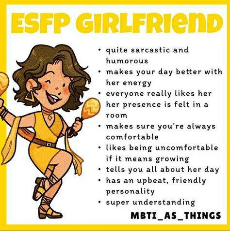 Esfp Girlfriend, Mbti Girlfriend, Isfp Girlfriend, Esfp Personality Type, Esfp Characters, Esfp Personality, Meyers Briggs, Mbti Test, Mbti Memes