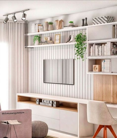 Modern Media Wall with storage and built-in desk. Media Wall With Desk, Media Wall With Storage, Modern Media Wall, Wall With Storage, Built In Tv Wall Unit, Desk Wall Unit, Built In Wall Units, Desk Units, Media Room Design