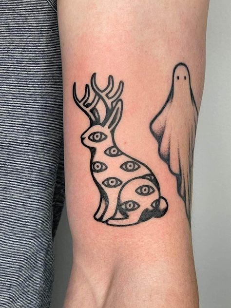 Small Creepy Tattoos, Jackalope Drawing, Apprenticeship Portfolio, Jackalope Tattoo, Tattoo Budapest, Sick Tattoos, Chicken Tattoo, Atlas Tattoo, Ipad Inspo