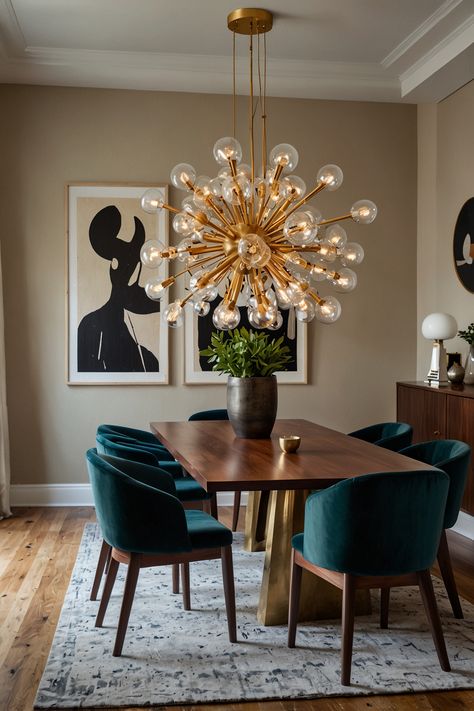 Elevate your dining experience with a modern dining room featuring striking sculptural lighting and timeless mid-century chairs. This blend of contemporary design and classic elegance creates a chic and inviting space perfect for any gathering. #ModernDining #SculpturalLighting #MidCenturyChairs #InteriorDesign #HomeDecor #DiningRoomInspo #ChicInteriors #ElegantSpaces #TimelessDesign Eclectic Mid Century Dining Room, Fun Dining Room Ideas, Modern Art Deco Dining Room, Vintage Modern Dining Room, Small Dining Room Inspiration, Modern Eclectic Dining Room, Elegant Dining Room Ideas, Dining Room Table Lighting, Luxe Dining Room