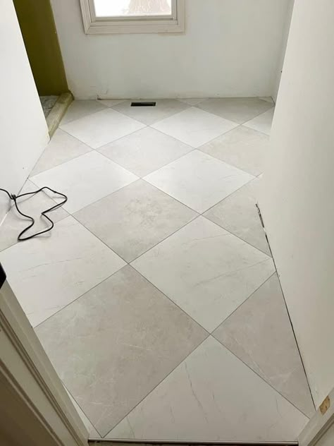 Gray And White Diamond Floor, Restroom Tile Ideas Floors, Checkered Flooring Laundry Room, French Farmhouse Master Bath, French Kitchen Flooring, Tile Wood Flooring Transition, Light Checkerboard Floor, Large Square Tile Floor, Flooring Ideas For Bathroom