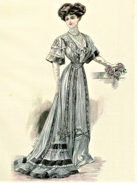 1907 Fashion, Edwardian Day Dress, 1909 Fashion, Edwardian Fashion Plates, Gaun Abad Pertengahan, 1890s Fashion, 1900s Fashion, Fashion Illustration Vintage, 20th Century Fashion