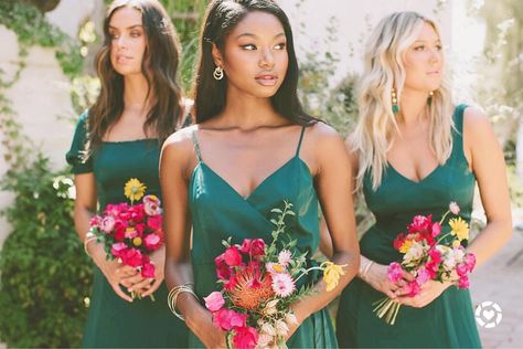 I like the color contrast against the emerald dresses. Fuscia And Emerald Green Wedding, Emerald Green Fuschia Wedding, Emerald Green Bridesmaid Dresses With Colorful Flowers, Emerald Green And Fusia Wedding, Green Bridesmaid Dresses Spring, Jewel Tone Cascading Bouquet, Emerald Green Bridesmaid Dresses, Dark Green Bridesmaid Dress, Spring Bridesmaid Dresses