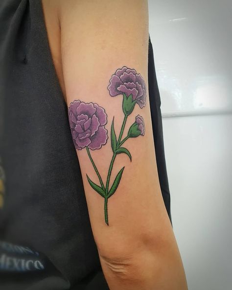 Purple Carnation Tattoo, Traditional Carnation Tattoo, Carnation Flower Tattoo, Mum Tattoo, Carnation Tattoo, Purple Tattoos, Purple Carnations, Bouquet Tattoo, Pink Carnations