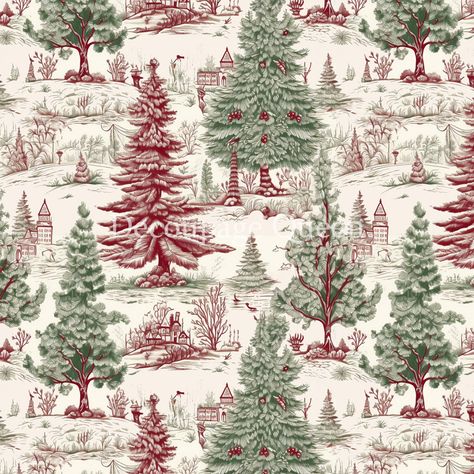 Close-up of a rice paper design featuring a vintage red and green Christmas tree toile pattern. Winter Scenery Christmas, Christmas Red And Gold, Christmas Market Ideas, Painting Stickers, Iphone Wallpaper Preppy, Wallpaper Preppy, Computer Background, Rice Paper Decoupage, Toile Pattern