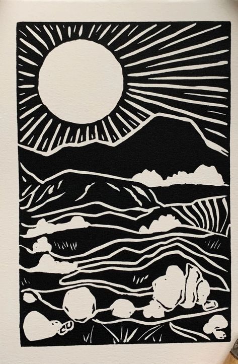 Linocut Prints Landscape, Lion Linocut, Forest Lino Print, Lion Lino Print, Linocut Landscape Black And White, Lino Prints, Lino Art, Space Lovers, Lino Cut