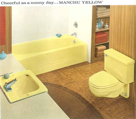 Vintage yellow bathroom from the 1960s. Note that it's a wall-mounted toilet! Vintage Yellow Bathroom, 60s Bathroom, Vintage Bathroom Sinks, Green Bathroom Rugs, Blue Green Bathrooms, Bathroom Retro, Retro Bathroom Decor, Brown Bathroom Ideas, Yellow Bathroom Decor