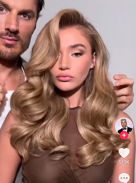 Hollywood Curls Blonde Hair, Up Do Hoco Hairstyles, Blonde Hollywood Hair, Bombshell Waves Big Curls, Old Hollywood Blowout Hair, Big Bouncy Curls Wedding, Side Part Bouncy Blowout, Curled Hairstyles Homecoming, Wedding Hair Volume Curls