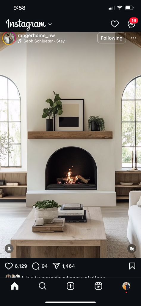 Minimal Fireplace Design, Arch Electric Fireplace, Electric Fireplace Arch, Spanish Modern Fireplace, Modern Spanish Fireplace, Rounded Fireplace Mantle, Plaster Fireplace Vaulted Ceiling, Arch Fireplace Mantle, Spanish Style Fireplace Ideas