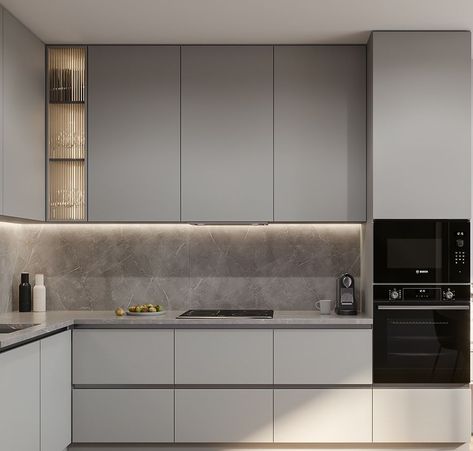 L Shaped Modular Kitchen, Modern Grey Kitchen, Minimal Kitchen Design, Small Modern Kitchens, Серая Кухня, Modular Kitchen Designs, Modular Kitchen Design, Beige Kitchen, Interior Minimalista